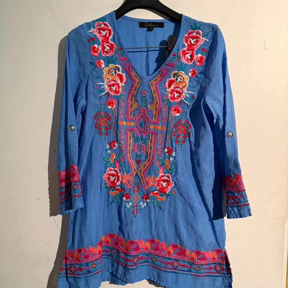 Calessa Tunic Embroidered Boho Hippie Festival Small